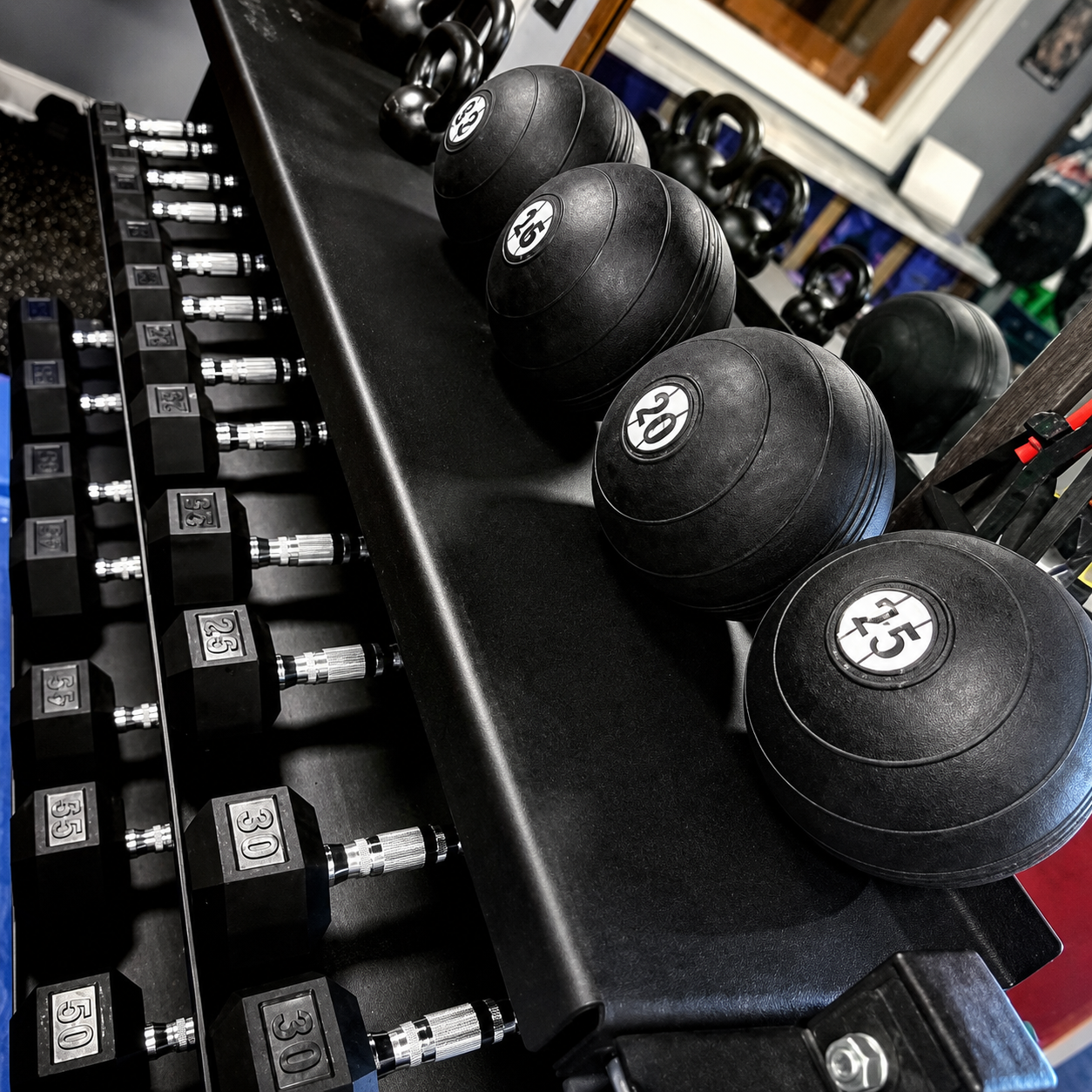Hex dumbbells on a rack beside numbered slam balls at Age-Less Strength Gym in Santa Clara