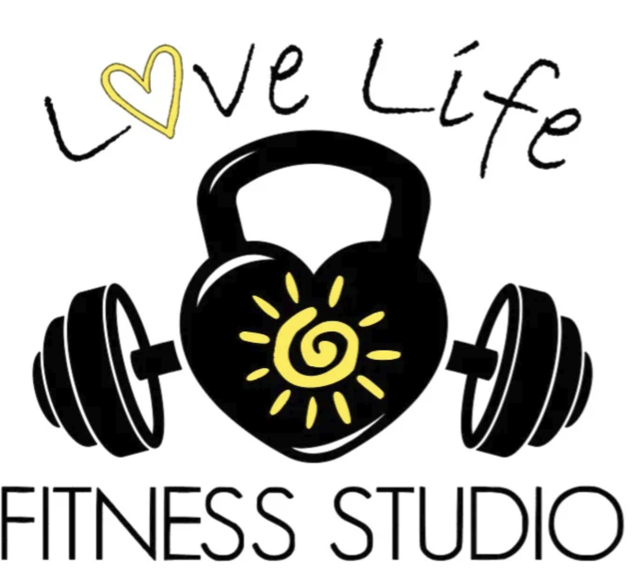 Love Life Fitness Studio logo, a heart-shaped kettlebell with a yellow sun between barbell plates