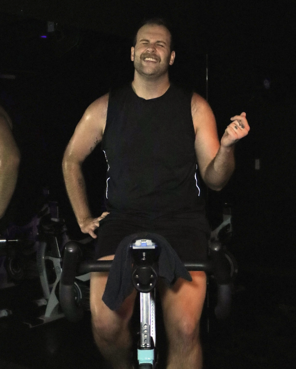 Rider on a TRUE Ride bike after a hard class in Redding, California