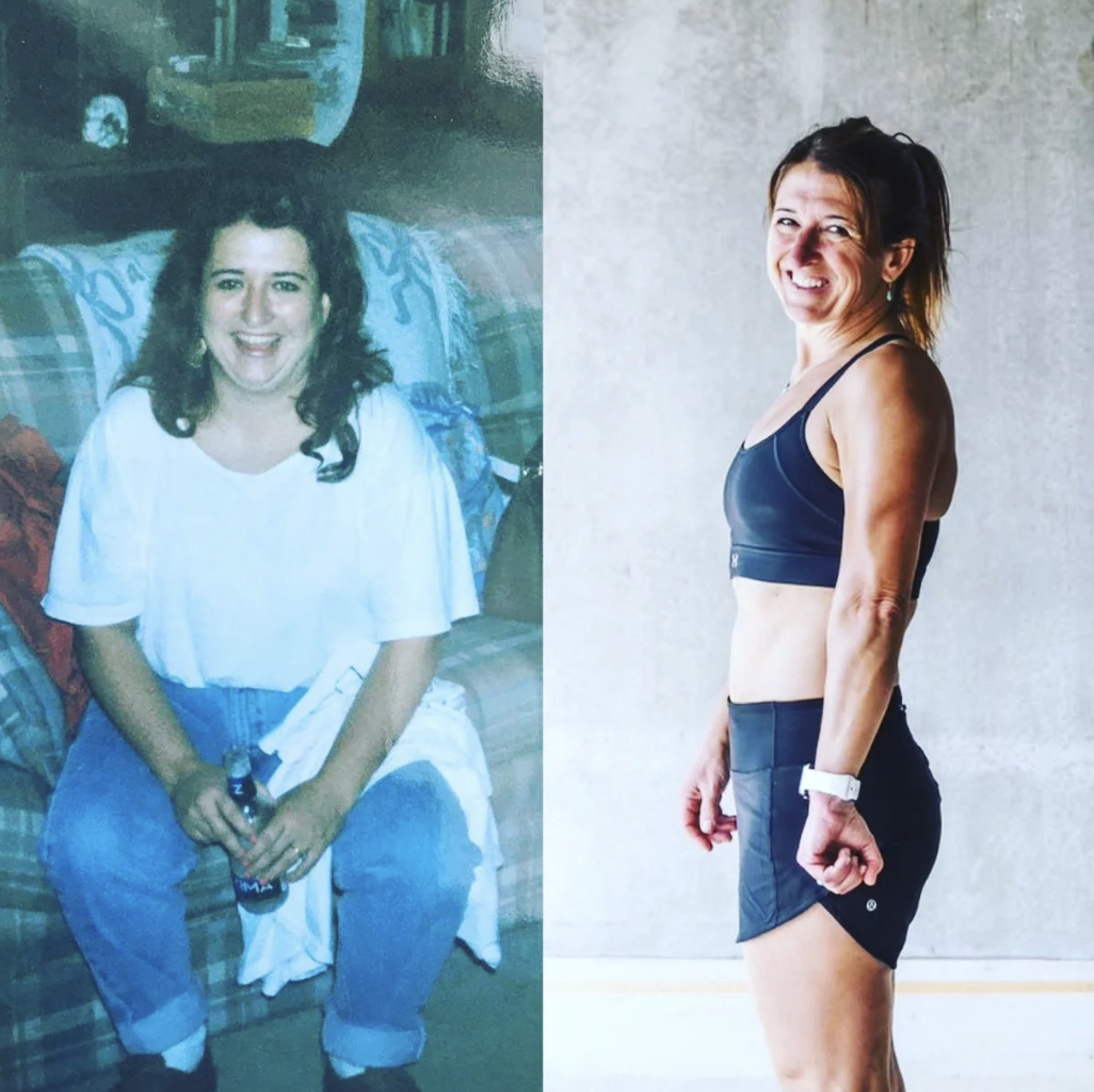 Before-and-after pairing of an older photo of a woman on a plaid couch and a recent photo of a woman in training clothes